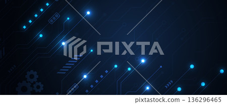 Dark blue digital circuit board with glowing light nodes and geometric elements Dark blue digital circuit board with glowing light nodes and geometric elements 136296465