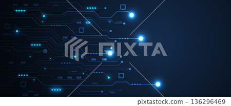 Glowing blue digital circuit lines flowing towards bright network connection light nodes Glowing blue digital circuit lines flowing towards bright network connection light nodes 136296469