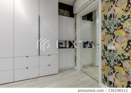 Modern Built-in Wardrobe with Mirror and Safari Wallpaper Modern Built-in Wardrobe with Mirror and Safari Wallpaper 136296522