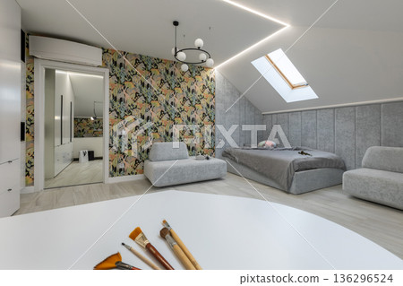 Modern Attic Studio Apartment with Minimalist Bedroom and Workspace Modern Attic Studio Apartment with Minimalist Bedroom and Workspace 136296524