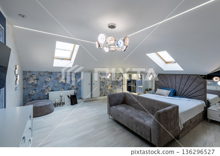 Panoramic View of Elegant Master Bedroom in Attic Suite Panoramic View of Elegant Master Bedroom in Attic Suite 136296527