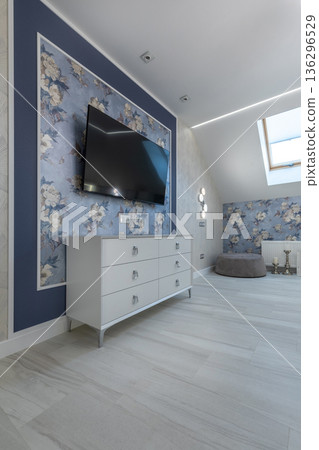 Modern Bedroom Entertainment Area with Wall Mounted TV and Dresser Modern Bedroom Entertainment Area with Wall Mounted TV and Dresser 136296529