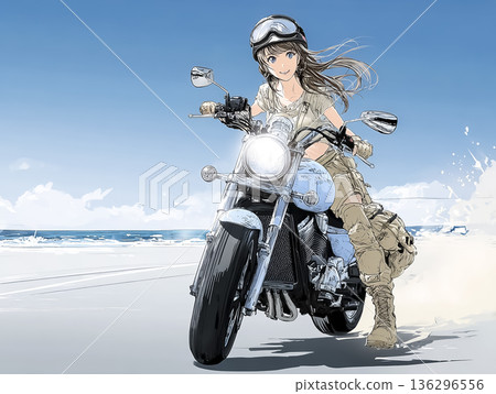 一位騎著美國摩托車的女騎士前來欣賞海景 | 沿海公路和旅遊 136296556