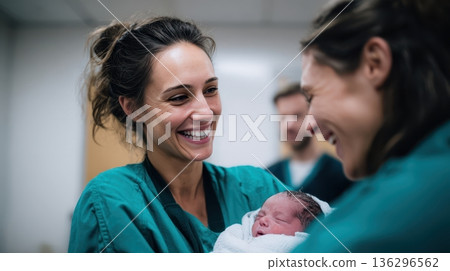 Midwife hands newborn baby to happy parent Midwife hands newborn baby to happy parent 136296562