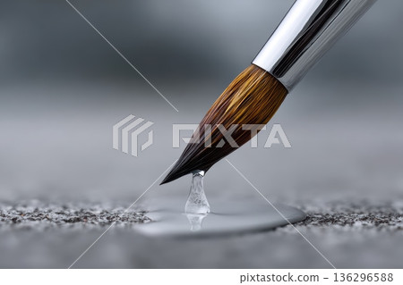 Nail Artist's brush drips clear liquid on surface 136296588