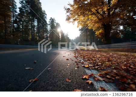 Nurburgring racetrack during the autumn season with scattered foliage on the pavement and along the side 136296716