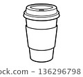 Blank Takeaway Paper Coffee Cup with Sleeve. Line Art Vector Illustration of Disposable Hot Beverage Container for Mockup. 136296798