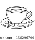 Coffee Cup with Spoon and Roasted Beans. Hand Drawn Line Art Vector Illustration of Hot Beverage for Cafe Menu. 136296799