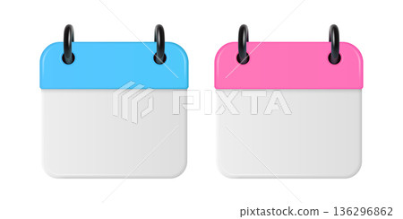 Vector 3d Calendar Icons in Blue and Pink. Blank Square Calendar Icon Template for Planner, Schedule, Organizer, Date Reminder. Office Design Element, Modern Calendar, Front View 136296862