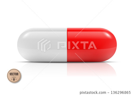 Vector 3d Realistic White and Red Capsule Pill, Isolated. Medicine Capsule Icon. Pharmaceutical Capsule Pill. Medical Drug Capsule. Vitamin Supplement Clipart 136296865