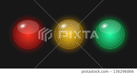 Vector 3d Traffic Light Glowing Dots Set. Red Yellow Green Signal Lamps on Black Background. Realistic Light Indicators for Road Safety, Vector Illustration 136296866