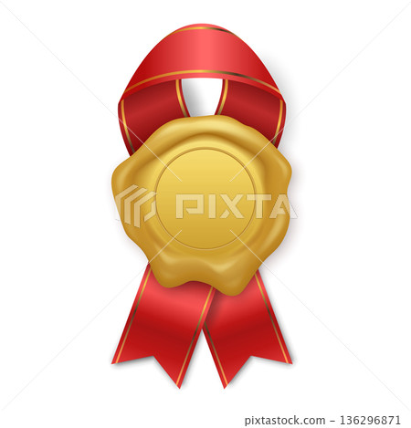 Vector 3d Award Seal with Red Ribbon Rosette Badge Icon. Blank Label Template Isolated. Winner Prize Achievement Emblem for Certificates, Packaging, Branding, Quality Guarantee Sticker Vector 3d Award Seal with Red Ribbon Rosette Badge Icon. Blank Label Template Isolated. Winner Prize Achievement Emblem for Certificates, Packaging, Branding, Quality Guarantee Sticker 136296871