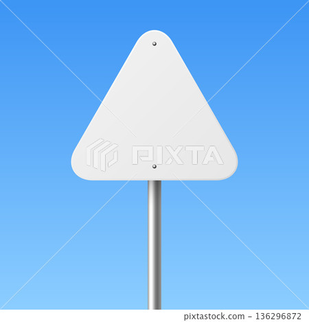 Vector 3d Blank Triangle Road Sign on Metal Pole. Empty Traffic Warning Sign Template on Blue Sky Background 136296872