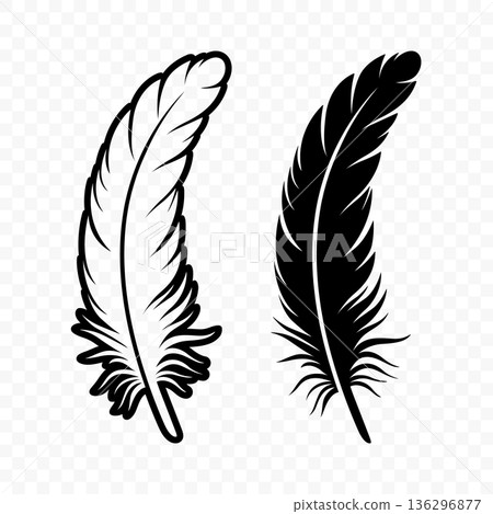 Vector Black and White Silhouette Fluffy Feather Icon. Silhouette Feather Closeup, Isolated. Flamingo, Angel, Bird Feather Design Template. Lightness and Freedom Concept 136296877