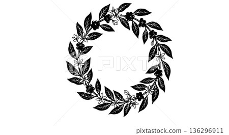 Stylized Coffee Plant Wreath Frame. Black and White Floral Vector Illustration of Leaves and Berries. Stylized Coffee Plant Wreath Frame. Black and White Floral Vector Illustration of Leaves and Berries. 136296911
