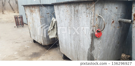 Two large, weathered metal trash bins stand outdoors. The one on the right is secured with a small, bright red heart-shaped padlock on a metal loop 136296927