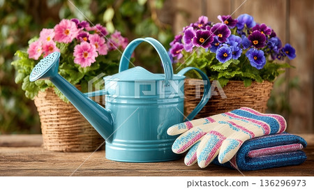 Garden tools and flowers on wooden surface Garden tools and flowers on wooden surface 136296973