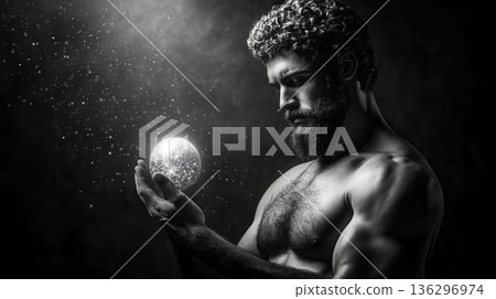 Bearded man holding glowing orb against starry void 136296974