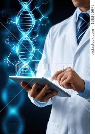 Doctor Analyzing DNA Strand on Tablet 136296975