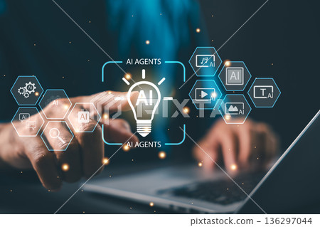 Ai interface artificial intelligence innovation automation data processing digital transformation features hand touching glowing light bulb icon for smart agents on laptop computer Ai interface artificial intelligence innovation automation data processing digital transformation features hand touching glowing light bulb icon for smart agents on laptop computer 136297044