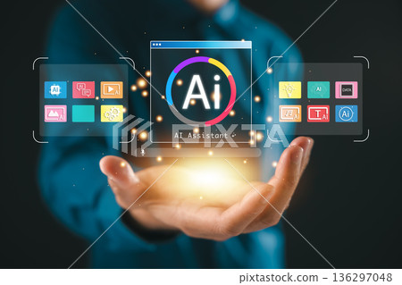 AI artificial intelligence chatbot assistant interface multimedia data, smart technology productivity automation content displays glowing icons hovering over open palm of person in blue AI artificial intelligence chatbot assistant interface multimedia data, smart technology productivity automation content displays glowing icons hovering over open palm of person in blue 136297048