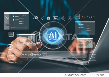 AI agent tool exploration provides smart system interface analysis featuring command prompt and data research windows while user holds magnifying glass over laptop for AI technology AI agent tool exploration provides smart system interface analysis featuring command prompt and data research windows while user holds magnifying glass over laptop for AI technology 136297049