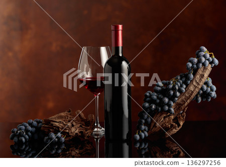 Red wine with a weathered snag and blue grapes on a brown background. Red wine with a weathered snag and blue grapes on a brown background. 136297256