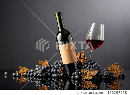Bottle of red wine with blue grapes on a black reflective background. Bottle of red wine with blue grapes on a black reflective background. 136297258