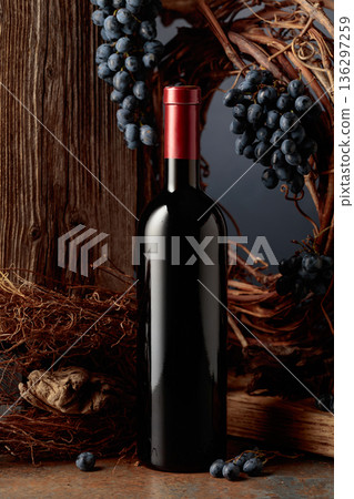 Bottle of red wine against the backdrop of an old weathered board, dried vine, and grapes. Bottle of red wine against the backdrop of an old weathered board, dried vine, and grapes. 136297259