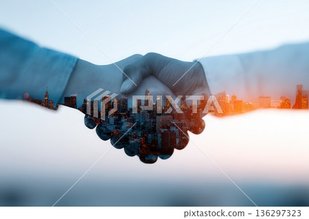 Business handshake superimposed over city 136297323