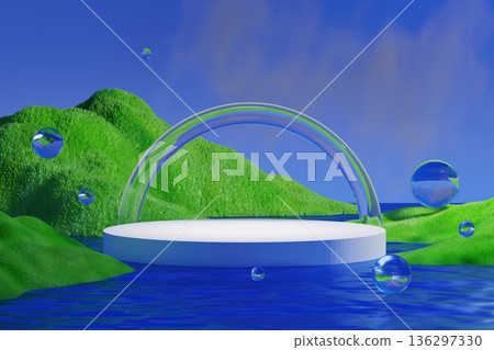 White podium with glass arch in blue water landscape. 3D rendering. 136297330