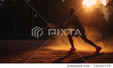 Tennis player hitting ball at sunset Tennis player hitting ball at sunset 136297379