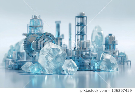 未來工業基礎設施的圖片，該基礎設施結合了稀土晶體和工業工廠。 136297439