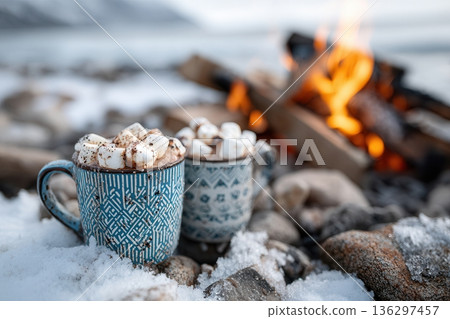 Hot chocolate mugs with marshmallows by campfire in snow 136297457