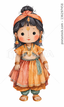 Watercolor cute doll girl Indian baby wearing a orange and red traditional lace dress costume clip art illustration isolated on white background 136297458