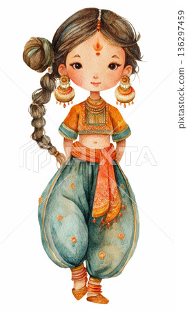 Watercolor cute doll girl Indian baby has braided hair wearing a orange and green traditional lace dress costume clip art illustration isolated on white background 136297459