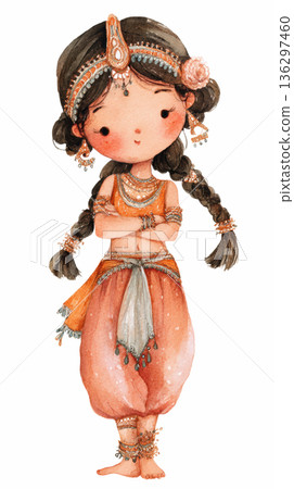 Watercolor cute doll girl Indian baby has braided hair wearing a orange and red traditional lace dress costume clip art illustration isolated on white background Watercolor cute doll girl Indian baby has braided hair wearing a orange and red traditional lace dress costume clip art illustration isolated on white background 136297460