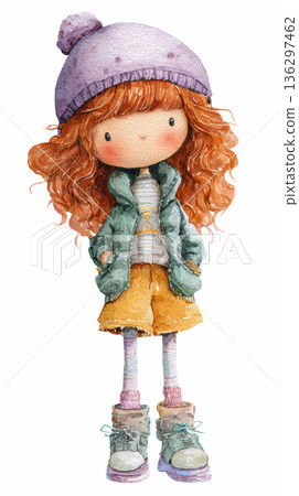 Watercolor cute doll girl wearing green jacket and yellow shorts with violet hat clip art cartoon illustration isolated on white background 136297462