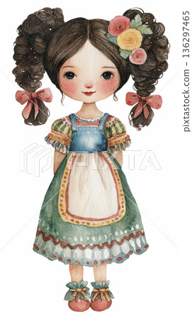Watercolor cute doll girl Mexican wearing has braided hair with red bow and wears a green and white traditional lace dress costume clip art illustration isolated on white background 136297465