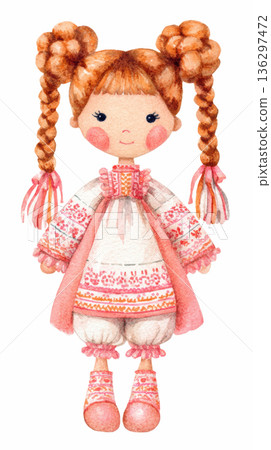 Watercolor cute doll girl Ukrainian rag doll motanka has braided hair and wears a pink traditional lace dress costume clip art illustration isolated on white background Watercolor cute doll girl Ukrainian rag doll motanka has braided hair and wears a pink traditional lace dress costume clip art illustration isolated on white background 136297472