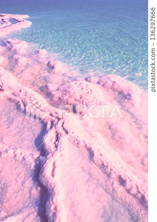 Texture of the Dead Sea in the pink light of the sunrise. Salty seashore. Abstract nature background 136297666