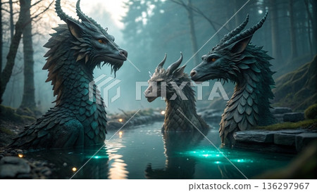 Cinematic close-up of three majestic mythical chimera creatures Cinematic close-up of three majestic mythical chimera creatures 136297967