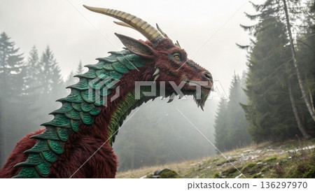 Cinematic close-up of three majestic mythical chimera creatures  136297970