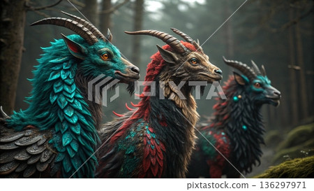 Cinematic close-up of three majestic mythical chimera creatures Cinematic close-up of three majestic mythical chimera creatures 136297971