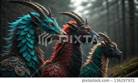 Cinematic close-up of three majestic mythical chimera creatures Cinematic close-up of three majestic mythical chimera creatures 136297972