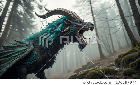 Cinematic close-up of three majestic mythical chimera creatures  136297974