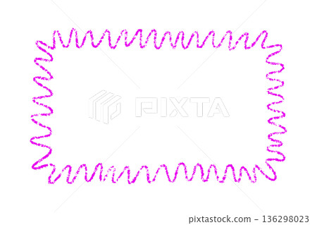 Crayon doodle scalloped frame. Chalk wavy hand drawn border. Pink cute rectangle photo frame with crayon texture. Wavy sketch line mirror border. Vector illustration isolated on white background 136298023