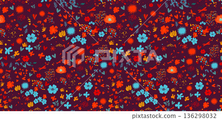 Seamless pattern with small red and blue flowers . Hand drawn. Not AI, vector illustration 136298032