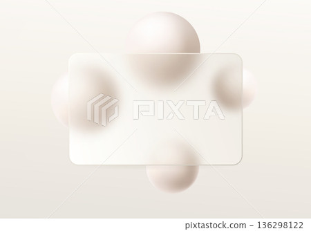 Minimal light glassmorphism panel with soft neutral spheres on cream background 136298122