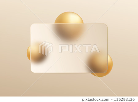 Light glassmorphism panel with golden spheres on beige gradient background Light glassmorphism panel with golden spheres on beige gradient background 136298126